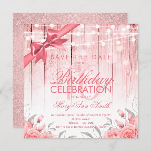 Rose Gold Sweet 16 Elegante Blume & Glitzer Einladung (Vorne/Hinten)