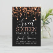 Rose Gold Sweet 16 Funkelnd String Lights Rett Dat Save The Date (Stehend Vorderseite)