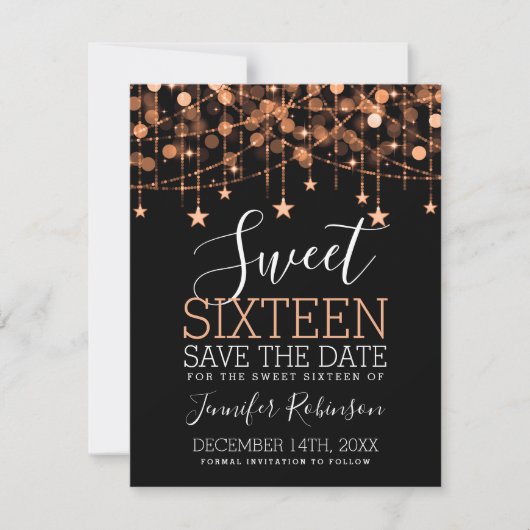 Rose Gold Sweet 16 Funkelnd String Lights Rett Dat Save The Date (Vorderseite)