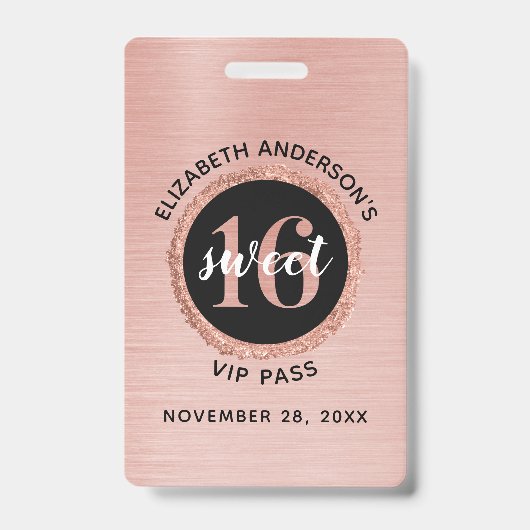 Rose Gold Sweet 16 Geburtstag VIP-Abzeichen Ausweis (Vorderseite)