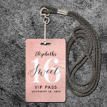 Rose Gold Sweet 16 Geburtstag VIP Ausweis<br><div class="desc">Eine clevere Art, Ihre Gäste zu Ihrer süßen 16 Geburtstagsparty einzuladen. Diese Rose goldfarben süßen 16 VIP Pass Abzeichen Einladungen werden sicher Ihre Gäste beeindrucken. Das Design besticht durch eine Rose aus vergoldeten Imitaten mit einem modernen handgeschriebenen Schriftart. Die Rückseite dieser Vorlage ist für Ihre 16 . Geburtstag Geburtstagsparty einfach...</div>