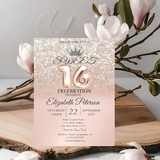 Rose Gold Sweet 16 Glitzer Bokeh Ombre, Tiara Einladung
