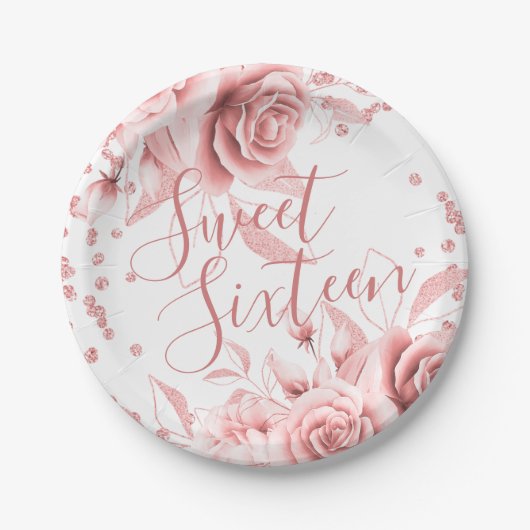 Rose Gold Sweet 16 Glitzer Confetti Floral Pappteller (Vorderseite)