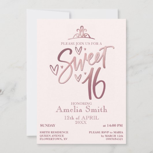 Rose Gold Sweet 16 Invitation Template Einladung (Vorderseite)