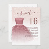 Rose Gold Sweet 16 Moderne Glitzer Tropfen Script Einladungspostkarte (Vorne/Hinten)