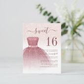 Rose Gold Sweet 16 Moderne Glitzer Tropfen Script Einladungspostkarte (Stehend Vorderseite)