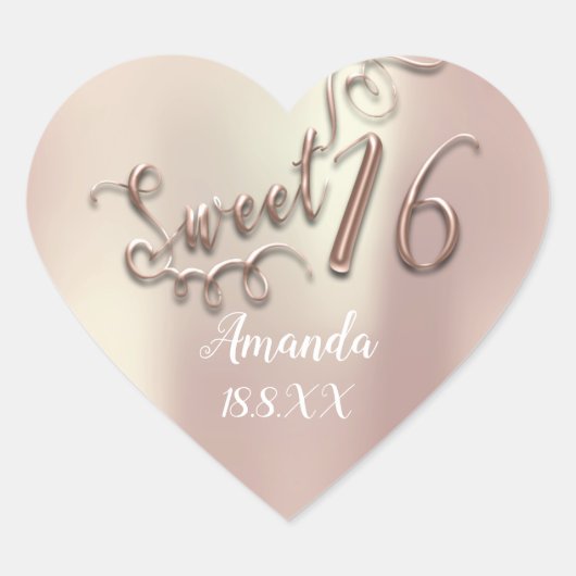 Rose Gold Sweet 16. Script Herzname Datum Herz-Aufkleber (Vorderseite)