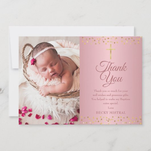 Rose Gold Taufe Christening Hearts Foto Dankeskarte (Vorderseite)