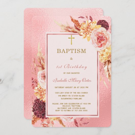 Rose Gold Taufe und erster Geburtstag Einladung (Vorne/Hinten)