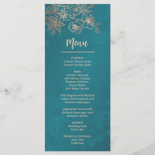 Rose Gold Teal Floral Line Art Wedding Menükarte (Vorderseite)
