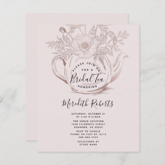 Rose Gold Teapot Bridal Tee Einladung (Vorne/Hinten)