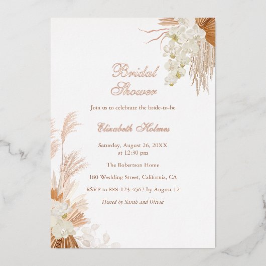 Rose Gold Terracotta Pampas Grass Brautparty Folieneinladung (Vorderseite)