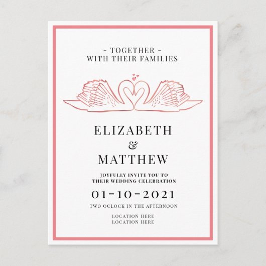 Rose Gold Themed mit Swans Hochzeit Einladungspostkarte (Vorderseite)