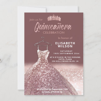 Rose gold tiara sequins Kleid Quinceañera Einladung
