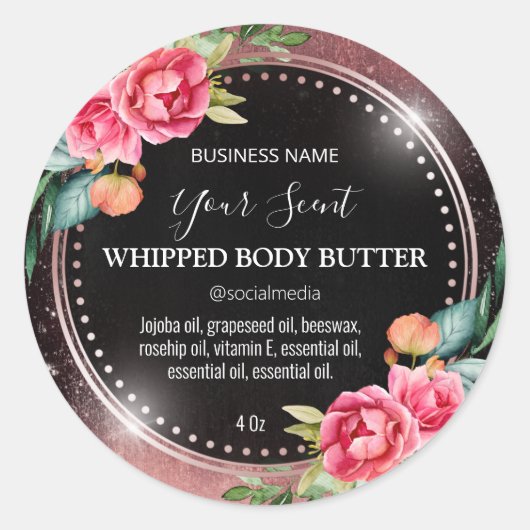 Rose Gold Tinte Schwarze Body Butter Labels Runder Aufkleber (Vorderseite)