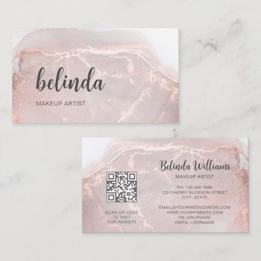 Rose Gold Tintenmarmor | QR-Code Visitenkarte (Vorne/Hinten)
