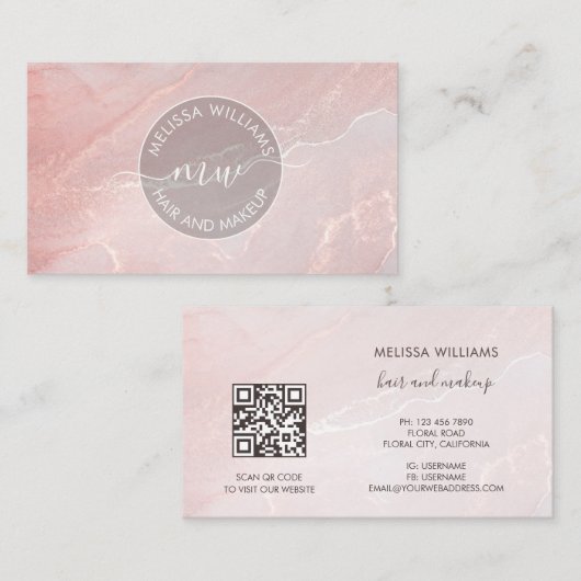 Rose Gold Tintenmarmor | QR Code Visitenkarte (Vorne/Hinten)