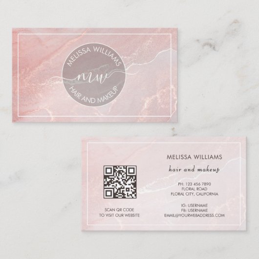Rose Gold Tintenmarmor | QR Code Visitenkarte (Vorne/Hinten)