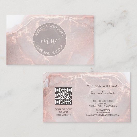 Rose Gold Tintenmarmor | QR-Code Visitenkarte (Vorne/Hinten)