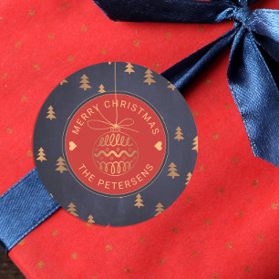 Rose Gold Tree Decke auf Navy Red Merry Weihnachte Runder Aufkleber