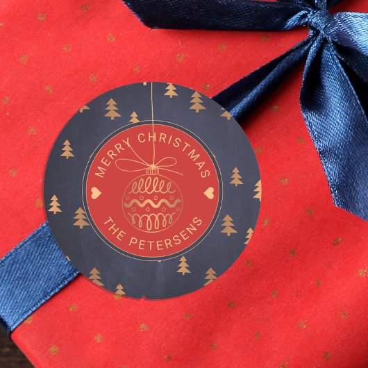 Rose Gold Tree Decke auf Navy Red Merry Weihnachte Runder Aufkleber