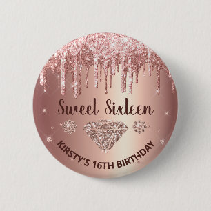 Rose Gold Tröpfchen Glitter & Diamond Sweet 16 Button