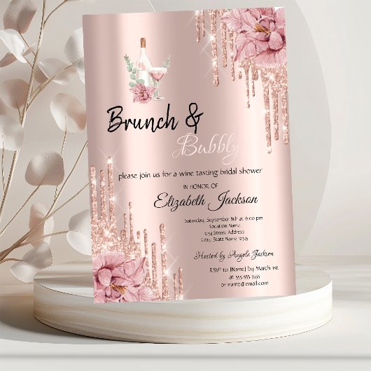 Rose Gold Tropfen Blume Weinbrunch & Bubbly Einladung