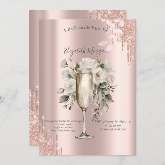 Rose Gold Tropfen Blumenstrauß-Glass Bachelorette Einladung (Vorne/Hinten)