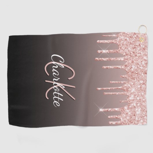 Rose Gold Tropfen für schwarze Glitzer Monogramm Golfhandtuch (Horizontal)