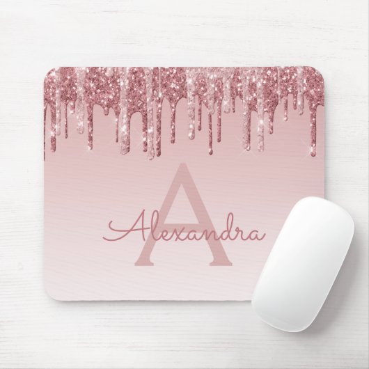 Rose Gold Tropfen Glitzer Monogram Pink Mousepad (Mit Mouse)