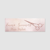 Rose Gold Tropfen Glitzer Schere Haarstylle Namensschild (Vorderseite)