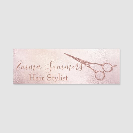 Rose Gold Tropfen Glitzer Schere Haarstylle Namensschild (Vorderseite)