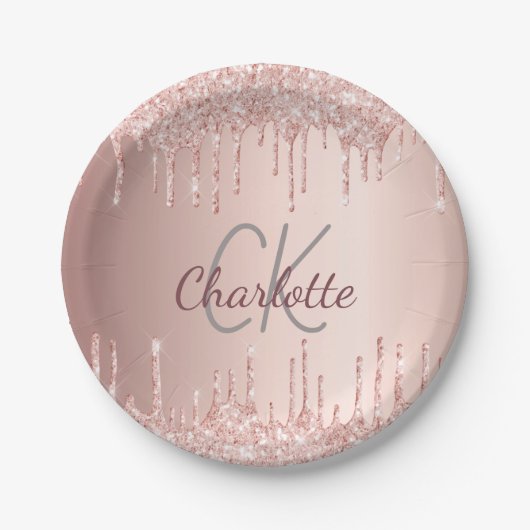 Rose Gold Tropfen Monogramm Luxus Pappteller (Vorderseite)