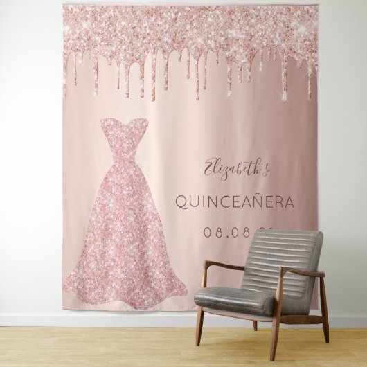 Rose Gold Tropfen rosa Kleid Quinceanera Wandteppich (Beispiel)