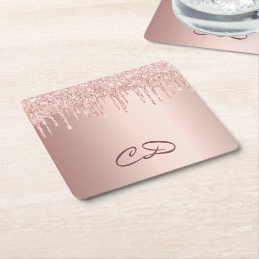 Rose Gold Tropfen Rosa Monogramm Initialen Rechteckiger Pappuntersetzer (angewinkelt)
