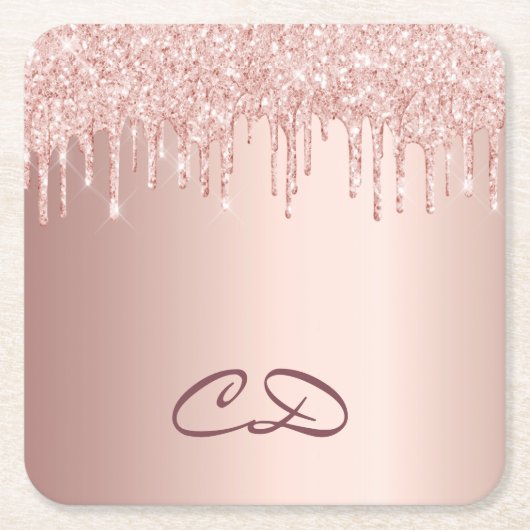 Rose Gold Tropfen Rosa Monogramm Initialen Rechteckiger Pappuntersetzer (Vorderseite)