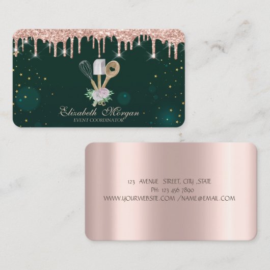 Rose Gold Tropfen Strawberry Green Business Card Visitenkarte (Vorne/Hinten)