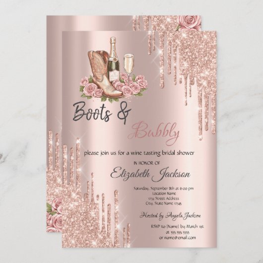 Rose Gold Tropfen Weinstiefel & Bubbly Bridal Einladung (Vorne/Hinten)