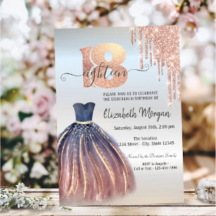 Rose Gold Tropfende Chic Kleid Silber 18. Geburtst Einladung