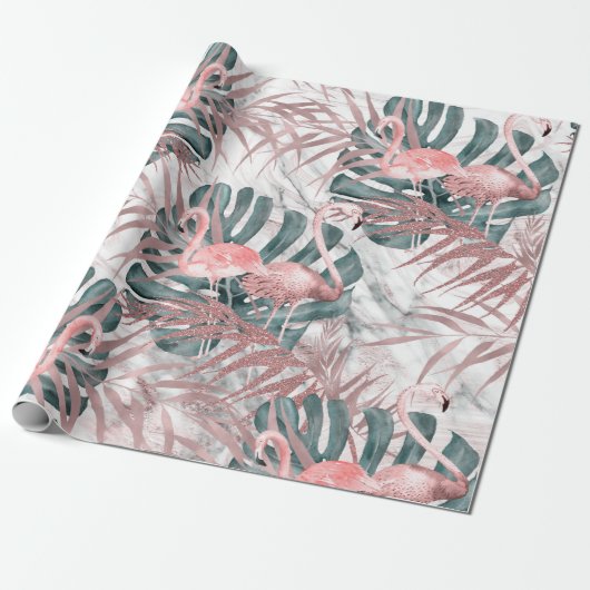 Rose Gold Tropical Flamingos Blätter & Marble Part Geschenkpapier (Ungerollt)