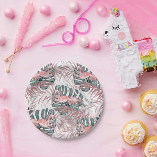 Rose Gold Tropical Flamingos Blätter & Marble Part Pappteller (Party)