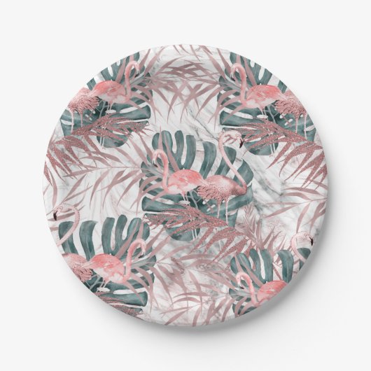 Rose Gold Tropical Flamingos Blätter & Marble Part Pappteller (Vorderseite)