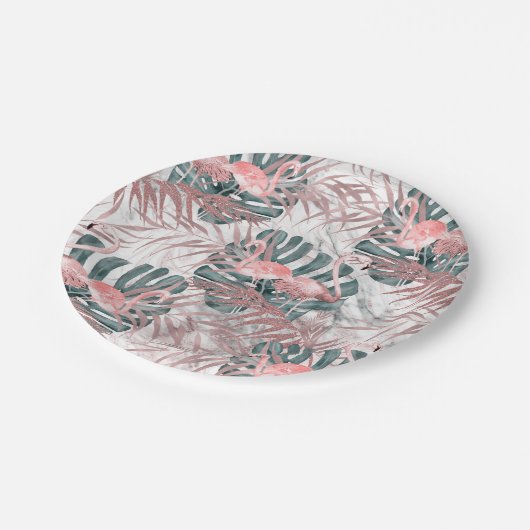 Rose Gold Tropical Flamingos Blätter & Marble Part Pappteller (Schrägansicht)