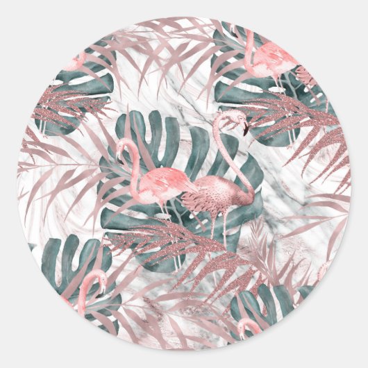Rose Gold Tropical Flamingos Blätter & Marble Part Runder Aufkleber (Vorderseite)