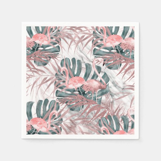 Rose Gold Tropical Flamingos Blätter & Marble Part Serviette (Vorderseite)