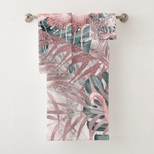Rose Gold Tropical Flamingos Blätter & Marmor Badhandtuch Set (Insitu)