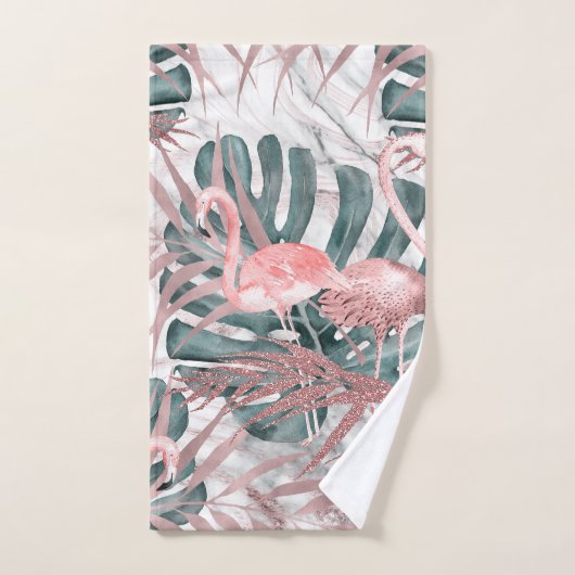 Rose Gold Tropical Flamingos Blätter & Marmor Badhandtuch Set (Handtuch)