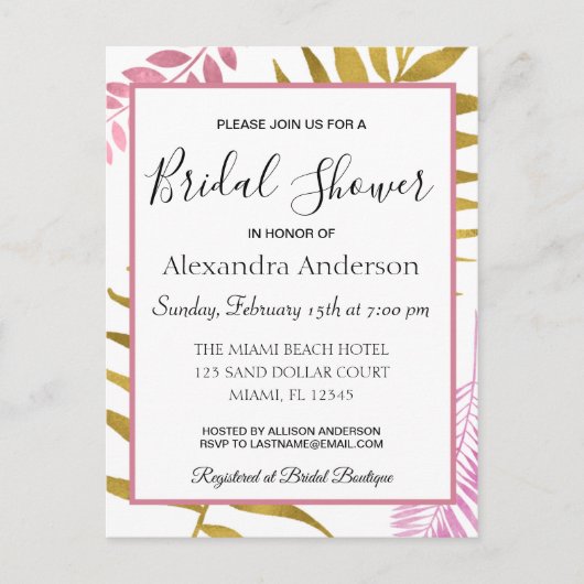 Rose Gold Tropical Floral Bridal Dusche Einladung (Vorderseite)