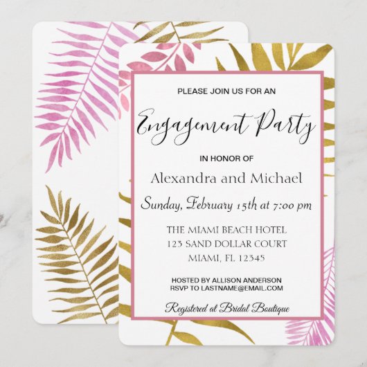 Rose Gold Tropical Floral Engagement Party Einladung (Vorne/Hinten)