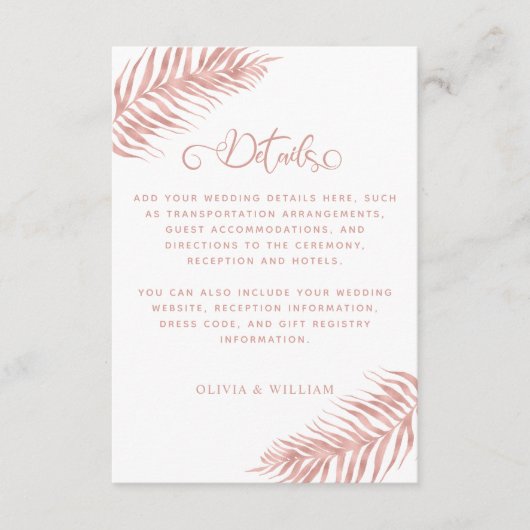 Rose Gold Tropical Palm Leaf White Wedding Details Begleitkarte (Vorderseite)